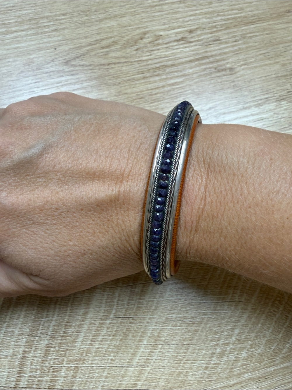 Sterling, Leather and Sapphire Cuff Bracelet